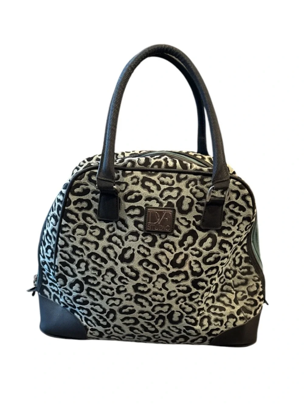 DVF Studio Grey Black Leopard Satchel Weekender Travel Tote Bag